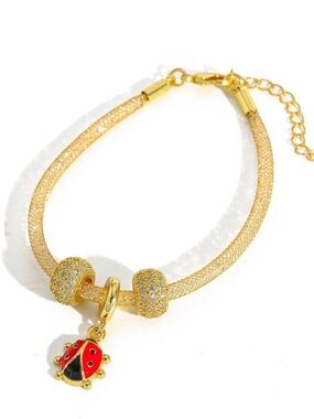 Ladybug Charm Mesh Bracelet Sparkling Beaded Adjustable